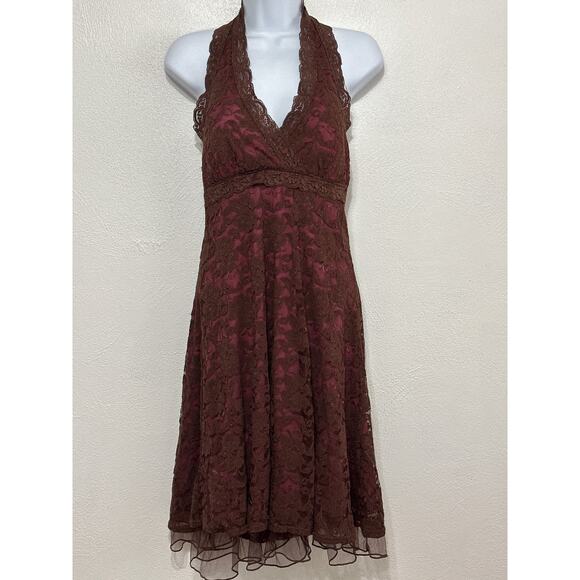 VTG 90s Y2K Halter Babydoll Lace Dress L Brown Pink  Whimsigoth Forest Fairy - Picture 1 of 16